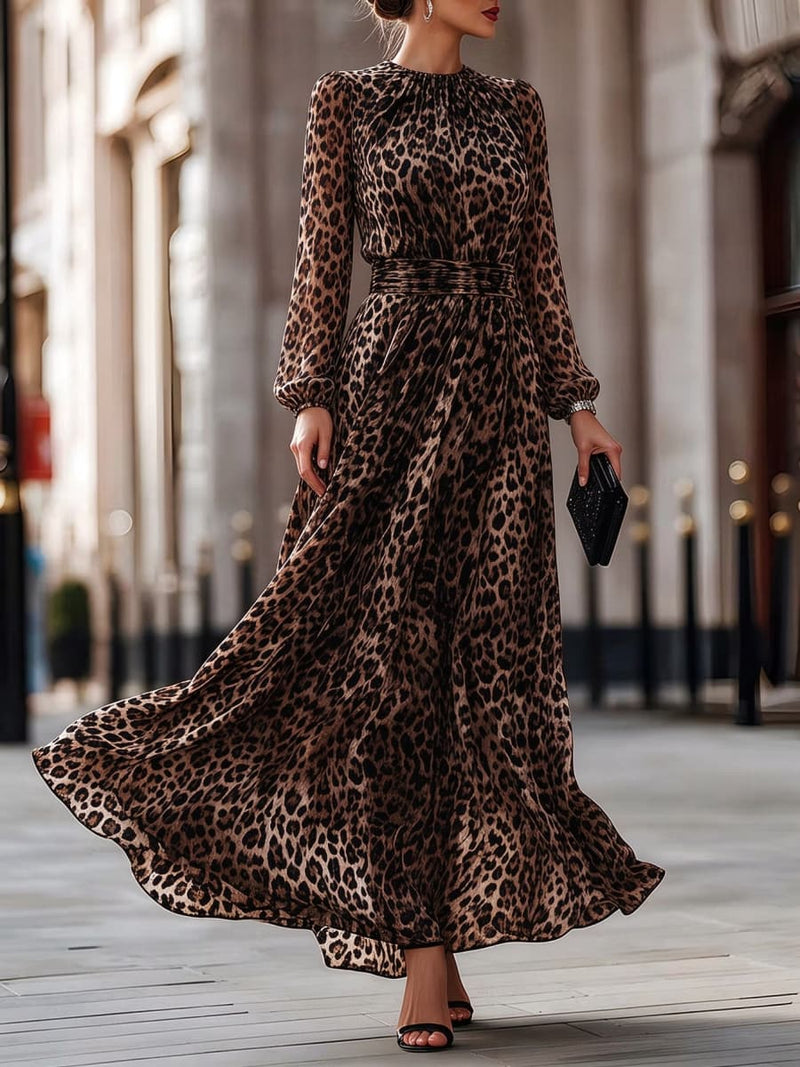 Women's Leopard Print Round Neck Long Sleeve Maxi Dress