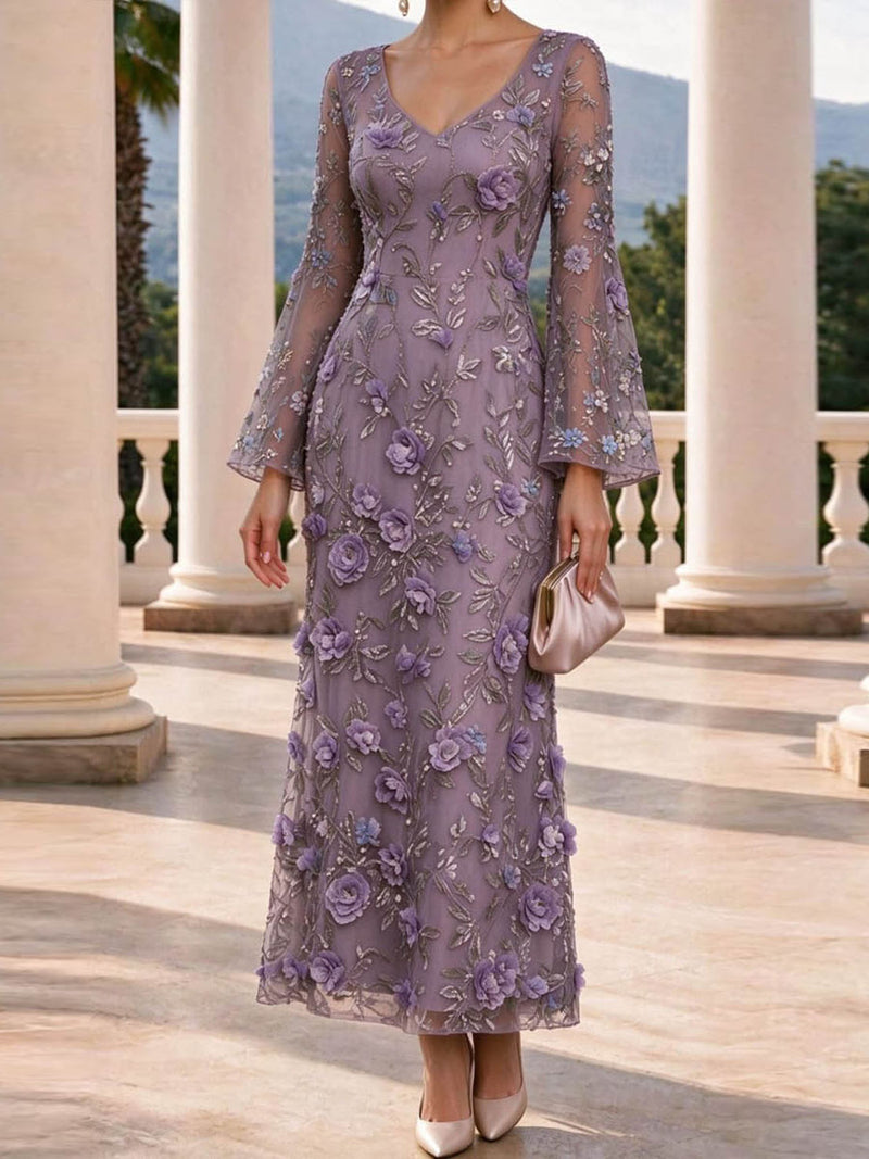 Women's Dusty Purple Floral V Neck Flare Long Sleeve Maxi Dress
