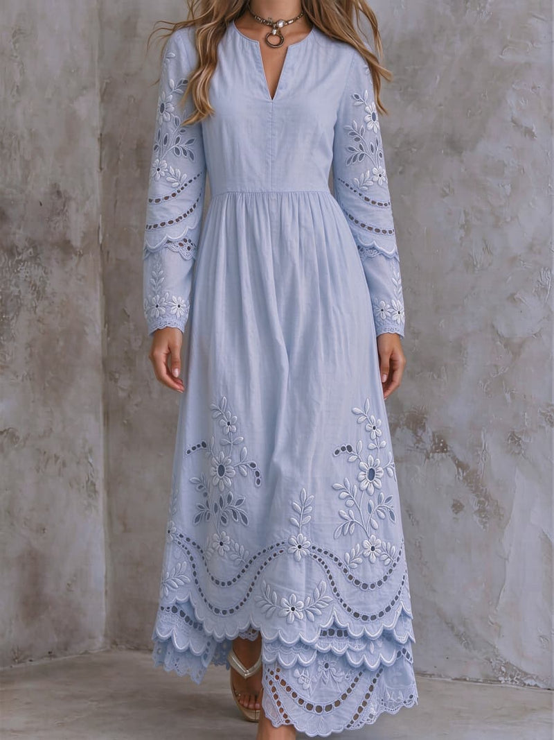 Women's Light Blue Floral Hollow Out Notch V Neck Long Sleeve Maxi Dress