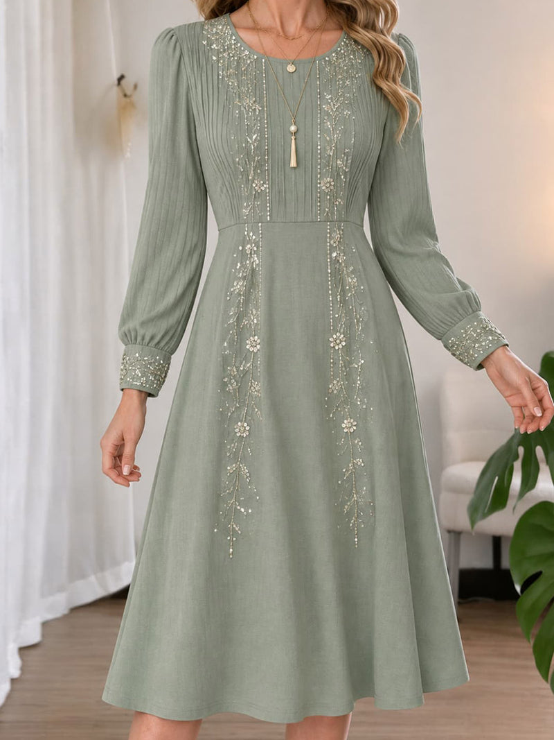 Women's Sage Green Floral Print Round Neck Long Sleeve Midi Dress