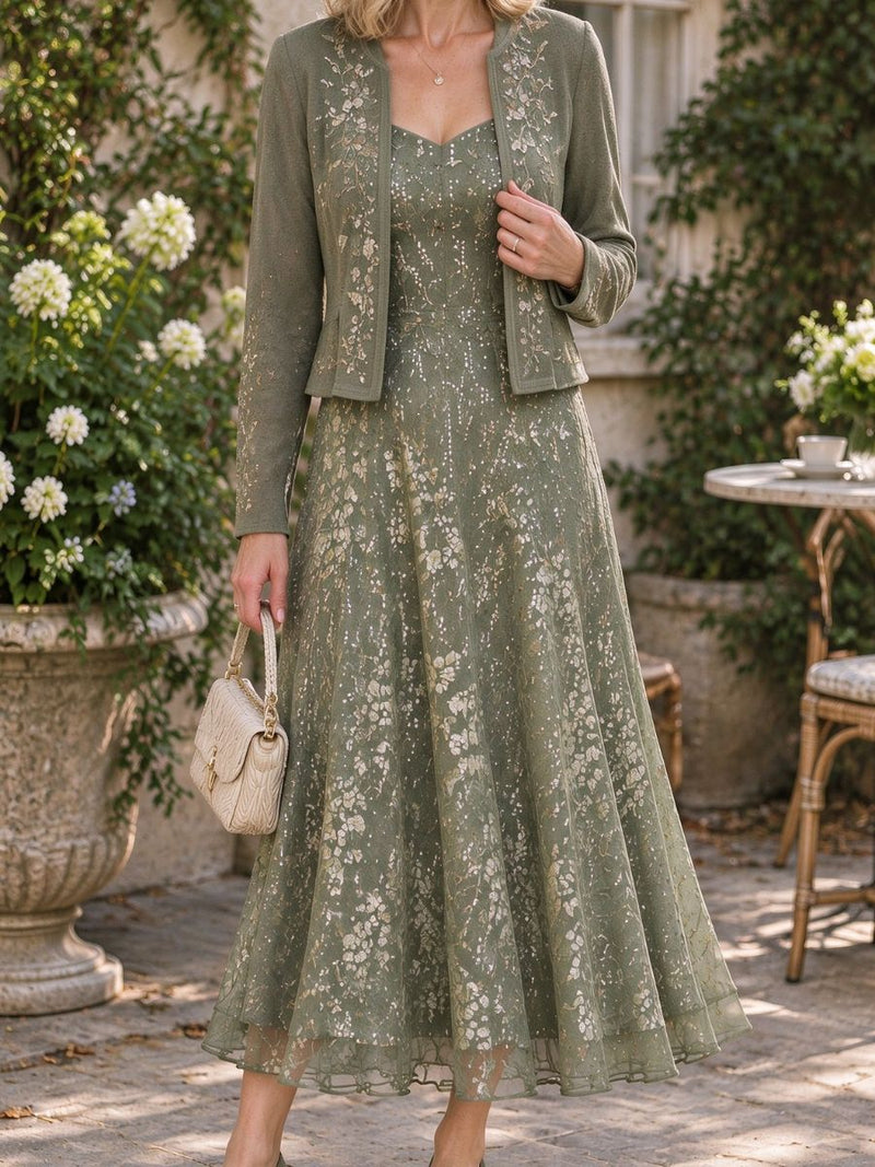 Women's Sage Green Floral Print Sweetheart Neck Two Piece Midi Dress