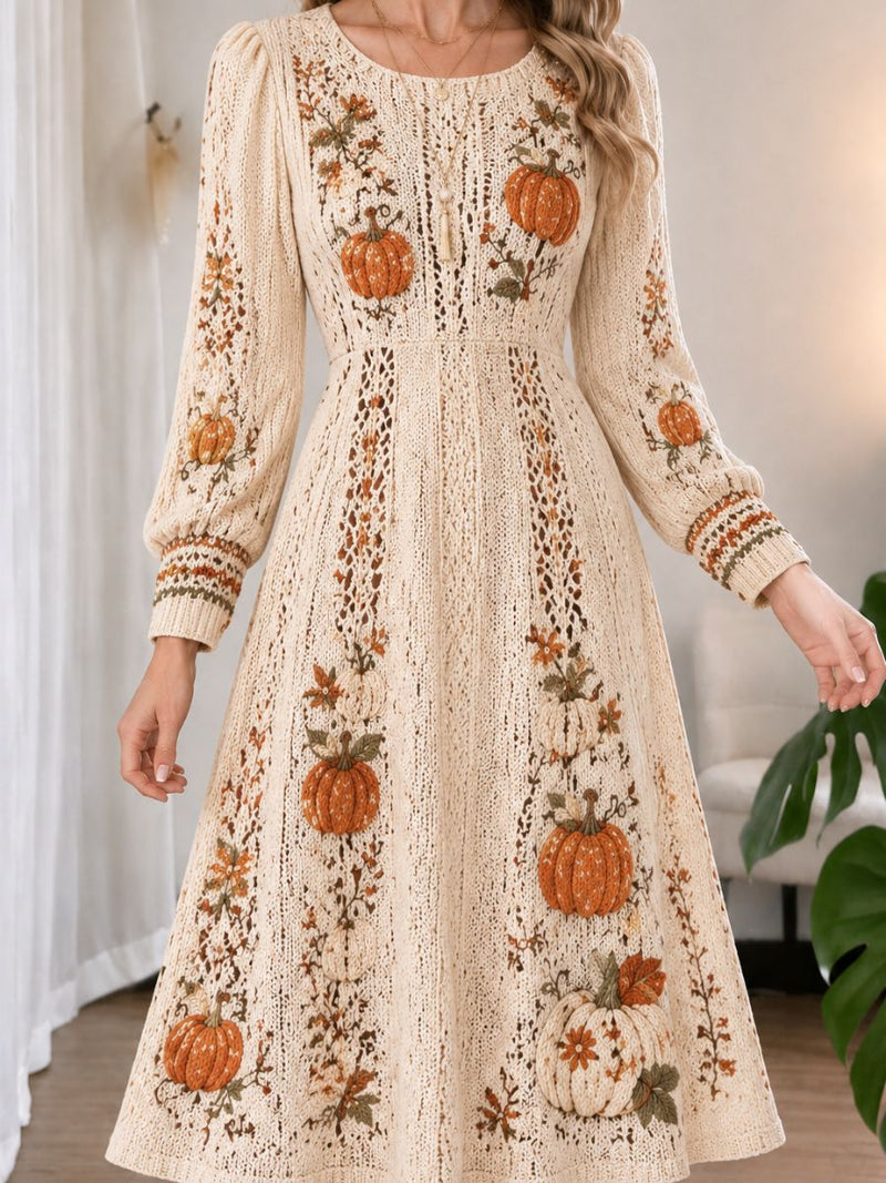 Women's Thanksgiving Beige Pumpkin Floral Print Round Neck Long Sleeve Knit Midi Dress