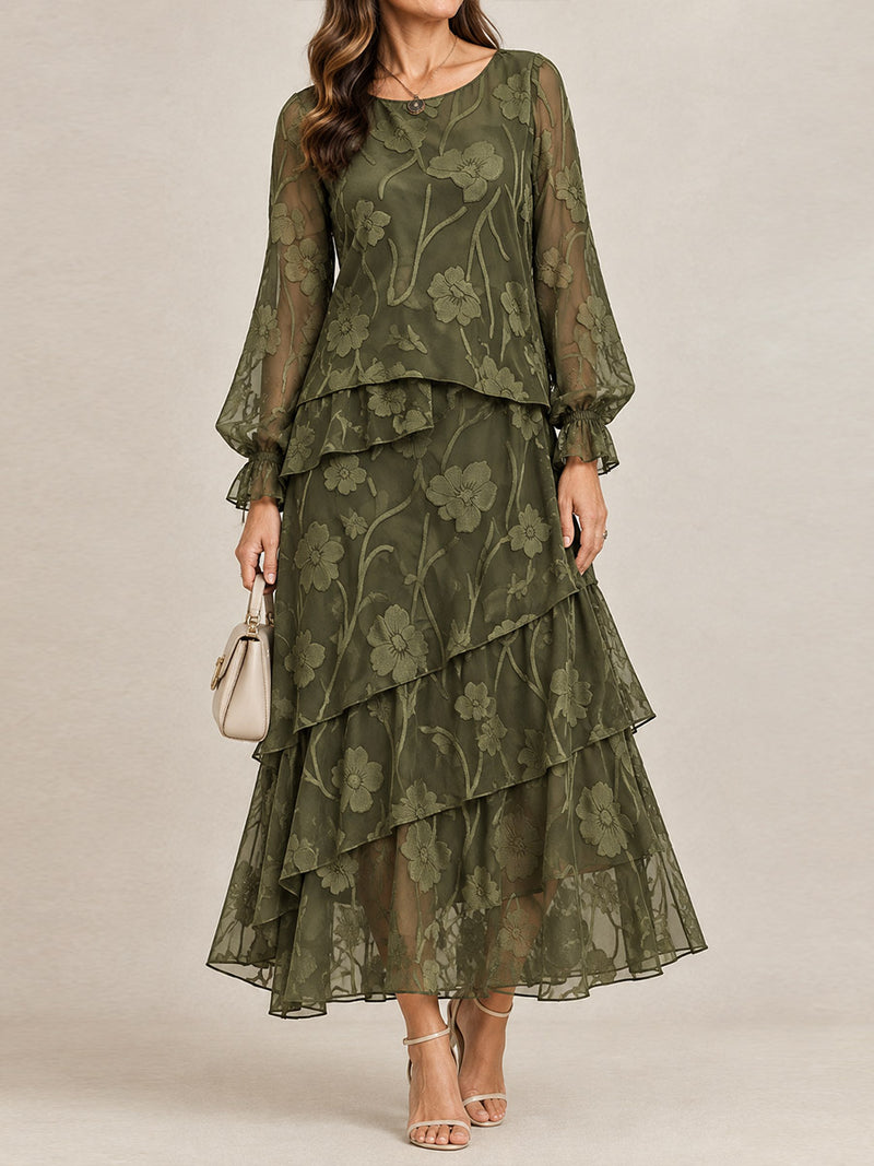 Women's Olive Green Floral Lace Round Neck Long Sleeve Tiered Maxi Dress
