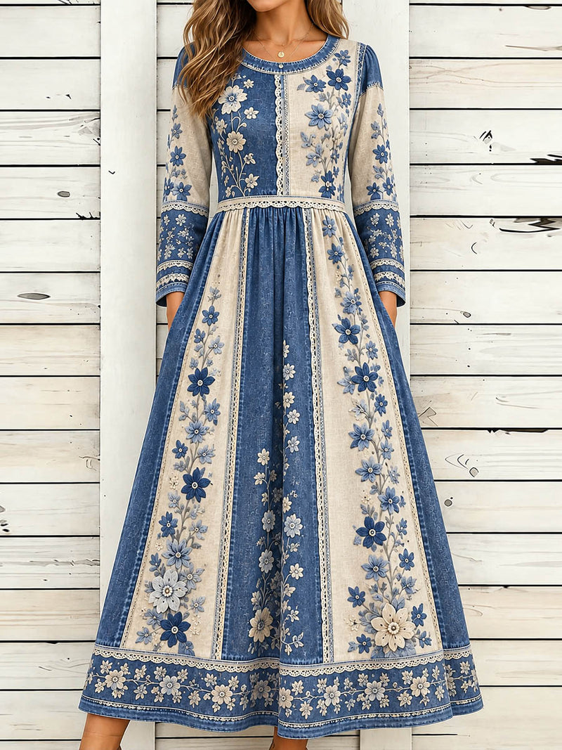 Women's Blue Beige Floral Lace Print Round Neck Long Sleeve Maxi Dress