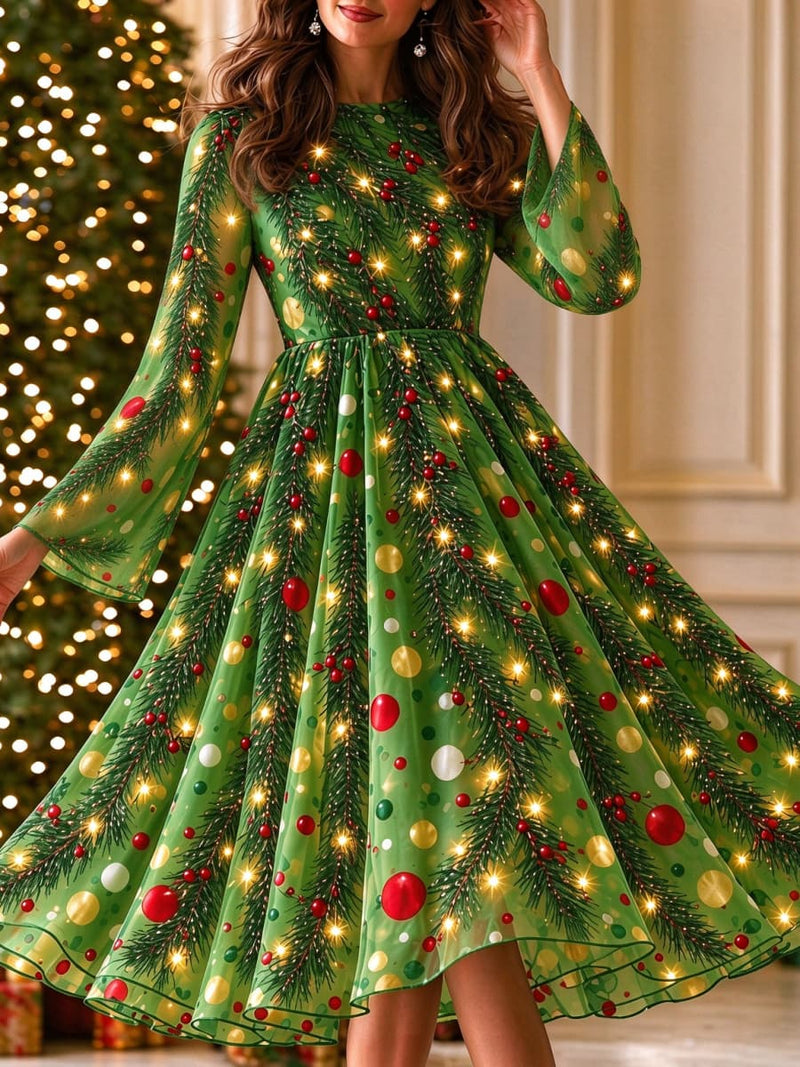 Women's Christmas Green Christmas Tree Ball Print Round Neck Long Sleeve Midi Dress