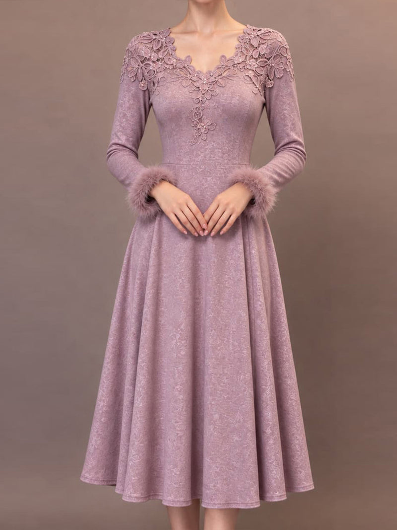 Women's Dusty Purple Floral V Neck Furry Cuff Long Sleeve Midi Dress