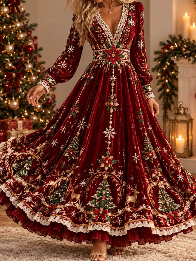 Women's Christmas Burgundy Christmas Tree Snowflake Reindeer Lace V Neck Long Sleeve Maxi Dress