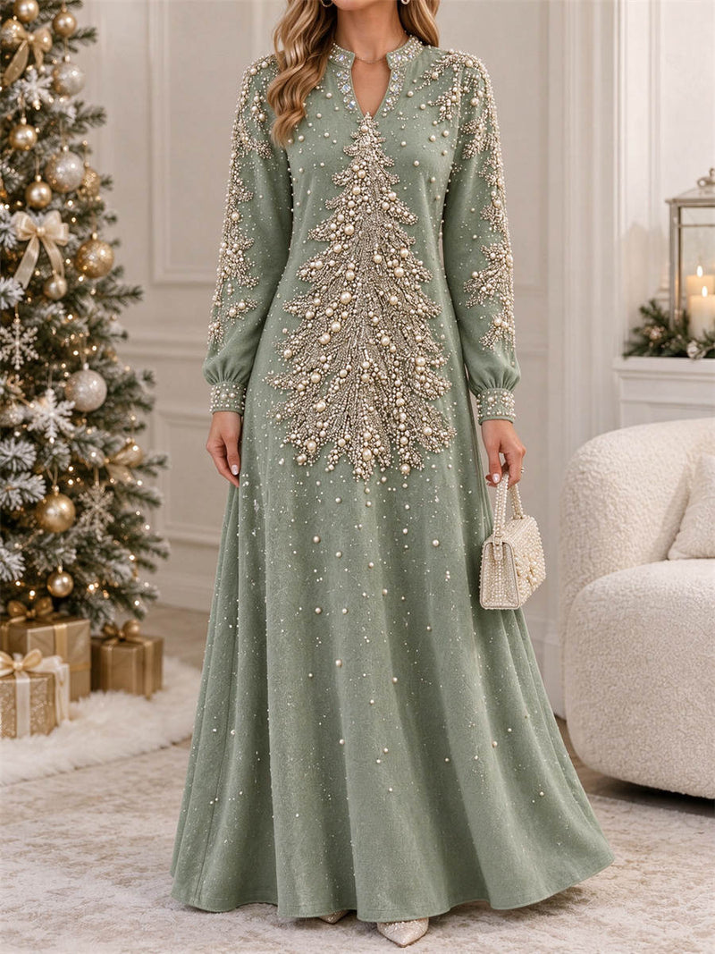 Women's Christmas Sage Green Christmas Tree Print Notch V Neck Long Sleeve Maxi Dress