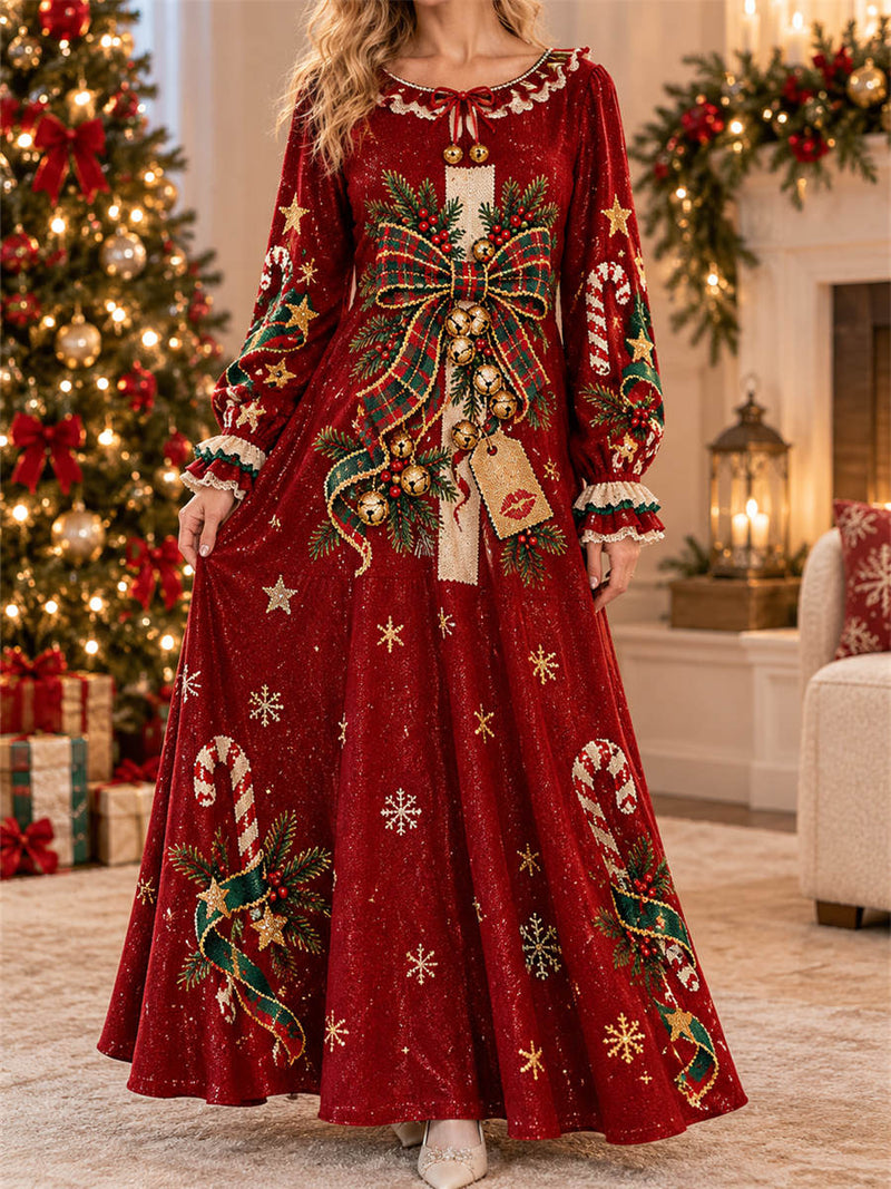Women's Christmas Red Bow Candy Cane Star Print Lace Round Neck Long Sleeve Maxi Dress