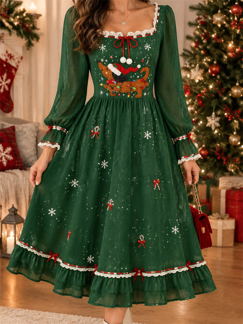 Women's Christmas Green Dachshund Snowflake Print Lace Square Neck Long Sleeve Midi Dress