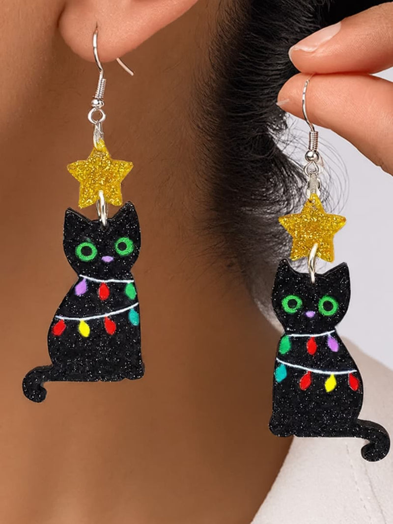 Women's Christmas Black Cat Colorful Light Bulb Star Dangle Earrings