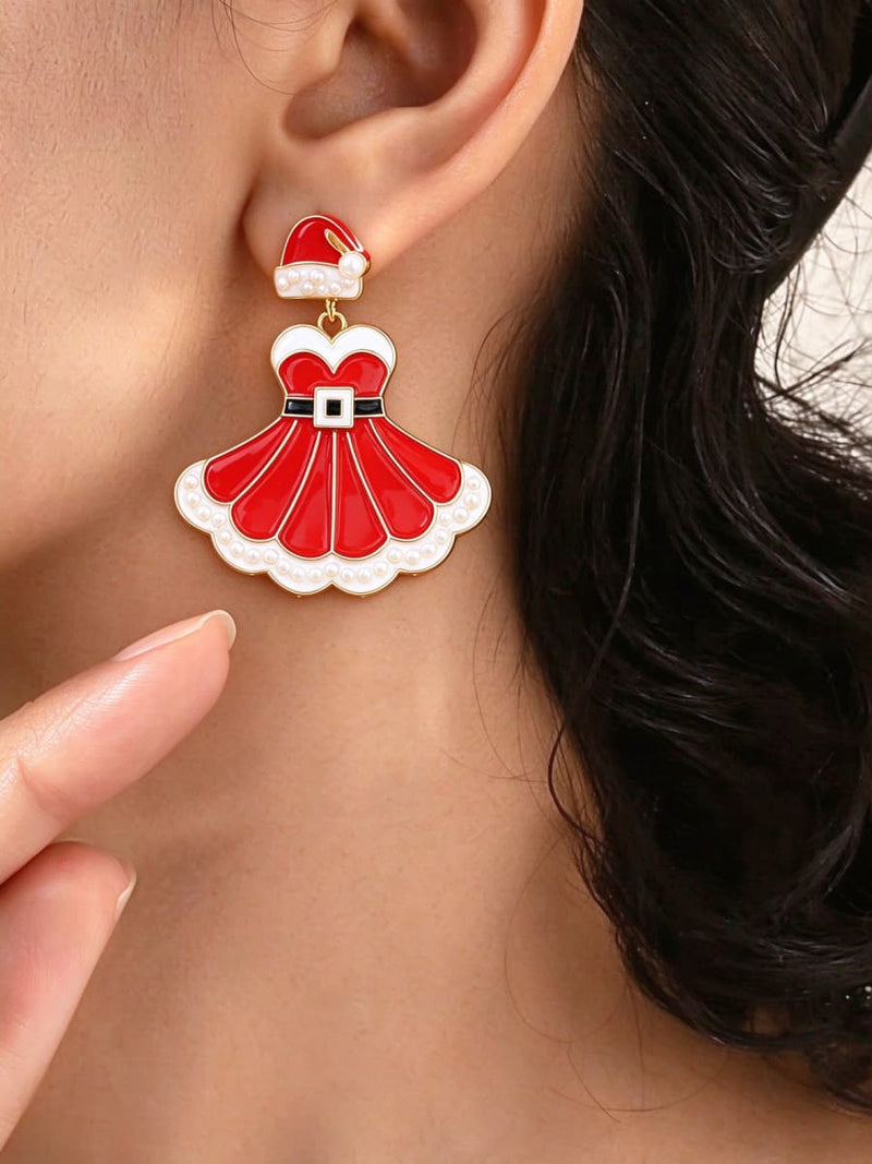 Women's Christmas Red Santa Hat Dress Dangle Earrings
