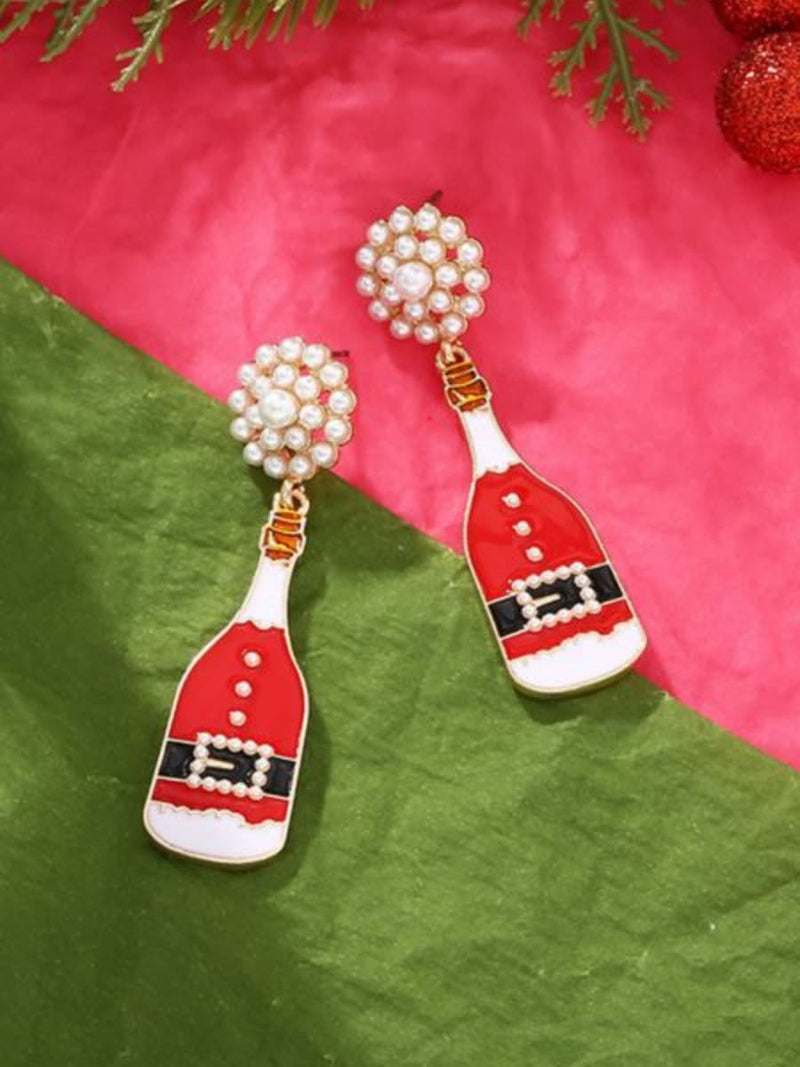 Women's Christmas Red Champagne Bottle Pearl Dangle Earrings