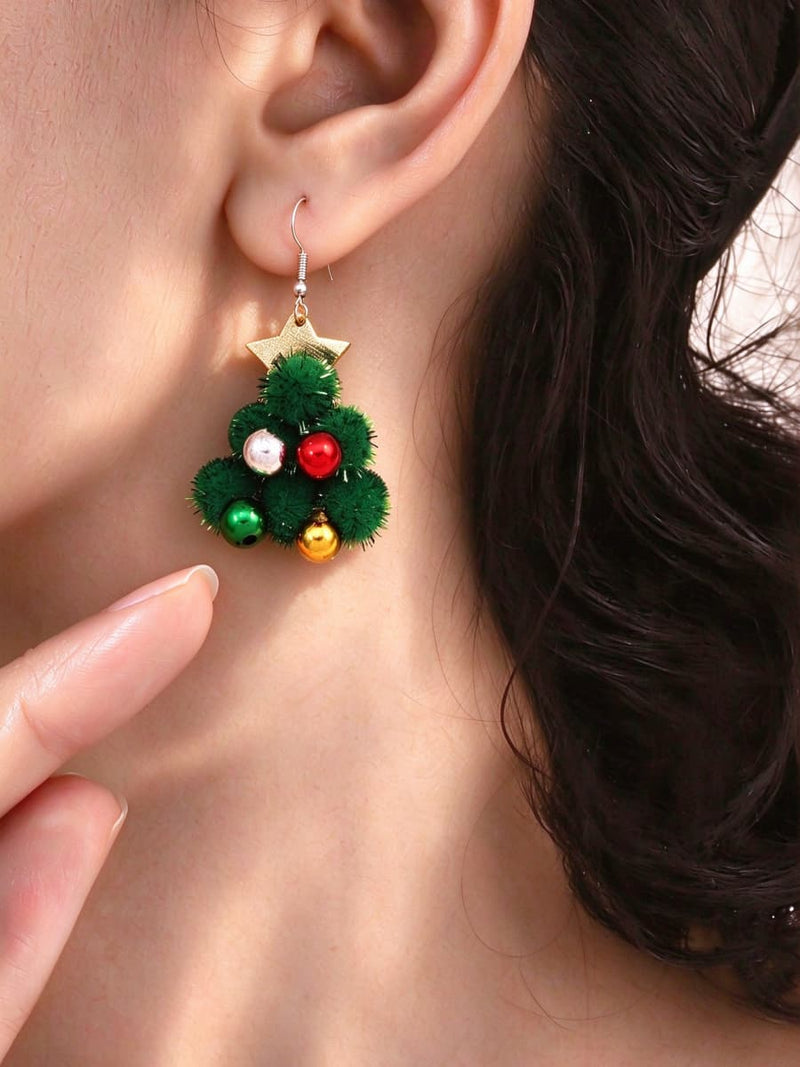 Women's Christmas Green Pom Pom Christmas Tree Dangle Earrings