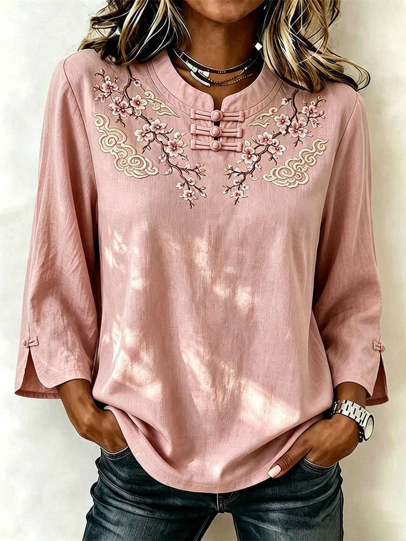 Women's Pink Plum Blossom Cloud Print Frog Button Mandarin Collar Long Sleeve Blouse
