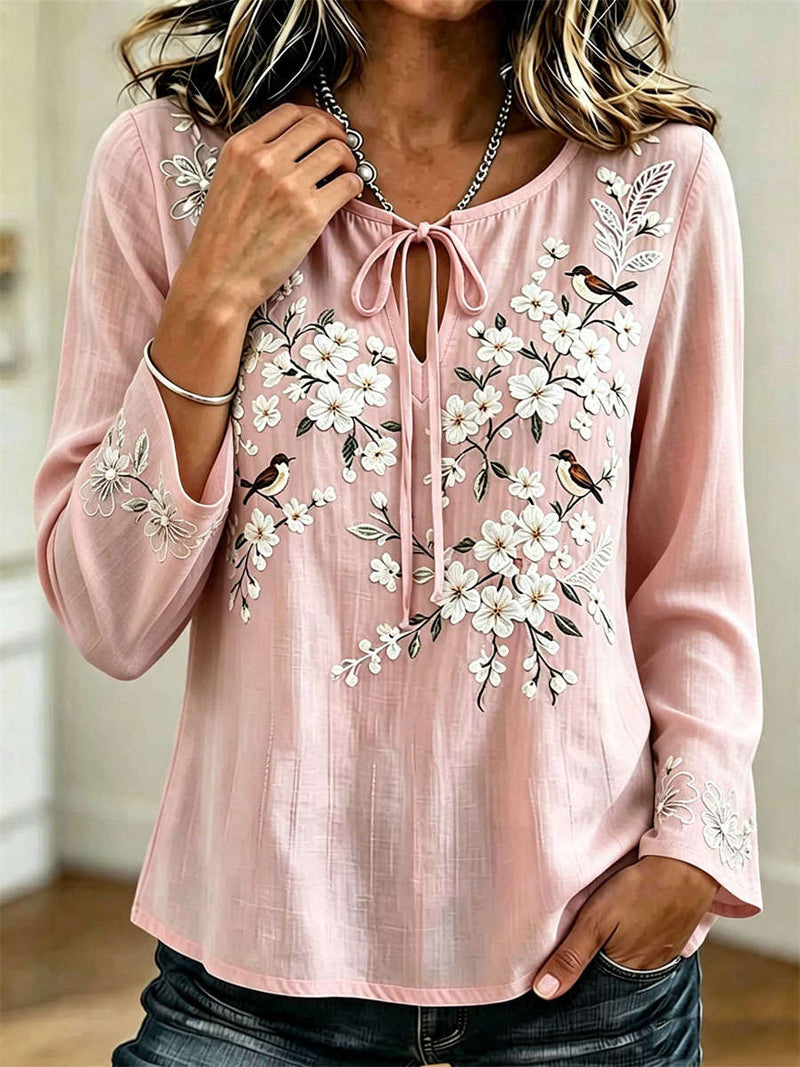 Women's Pink Bird Floral Print Tie Round Neck Long Sleeve Blouse