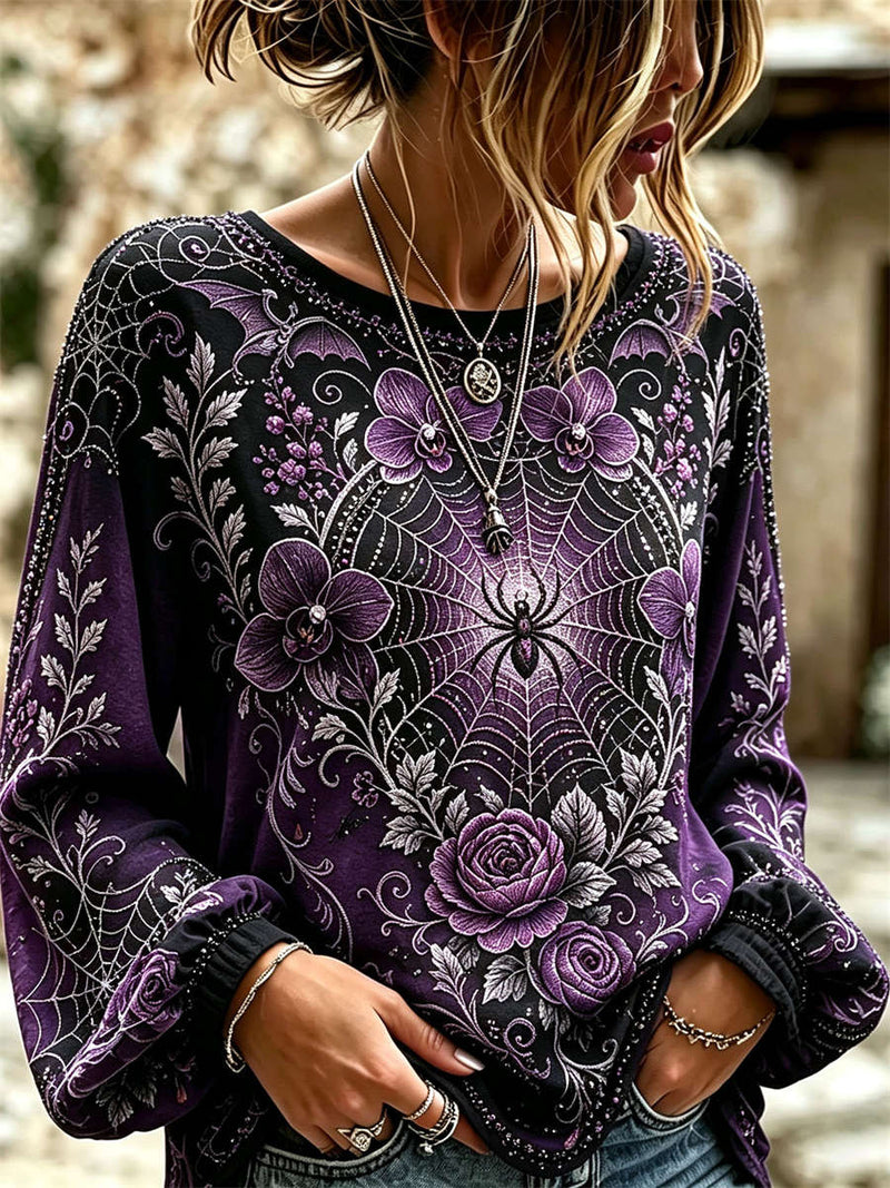 Women's Halloween Purple Black Spider Web Floral Print Round Neck Long Sleeve Blouse