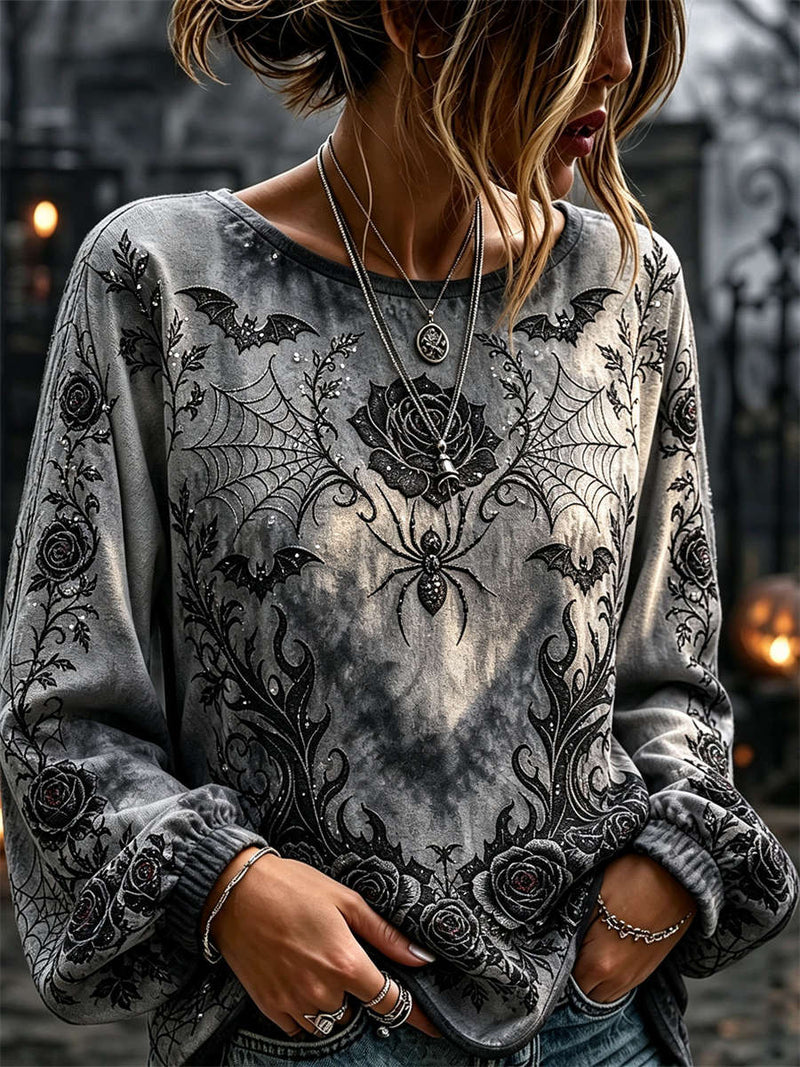 Women's Halloween Grey Spider Bat Rose Print Round Neck Long Sleeve Blouse