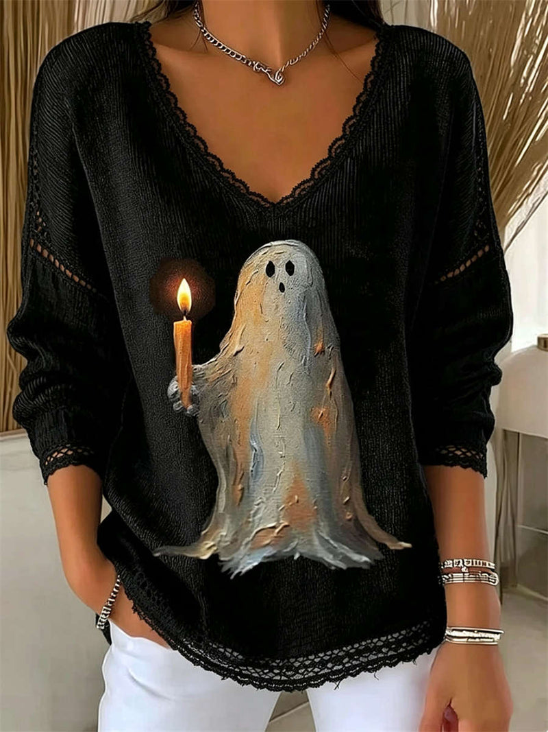 Women's Halloween Black Ghost Candle Print V Neck Long Sleeve Blouse