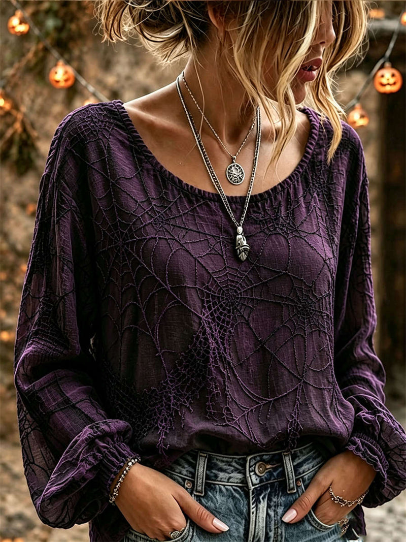 Women's Halloween Purple Spider Web Print Round Neck Long Sleeve Blouse