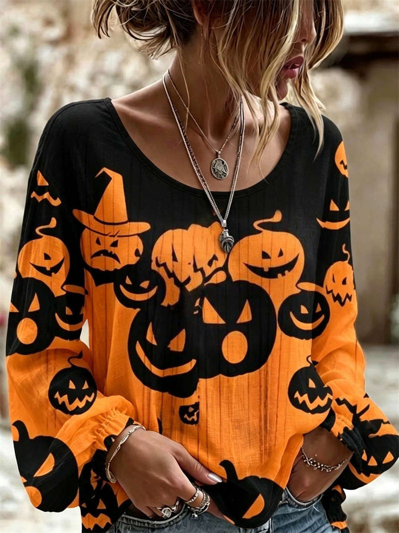 Women's Halloween Black Orange Pumpkin Print Round Neck Long Sleeve Blouse