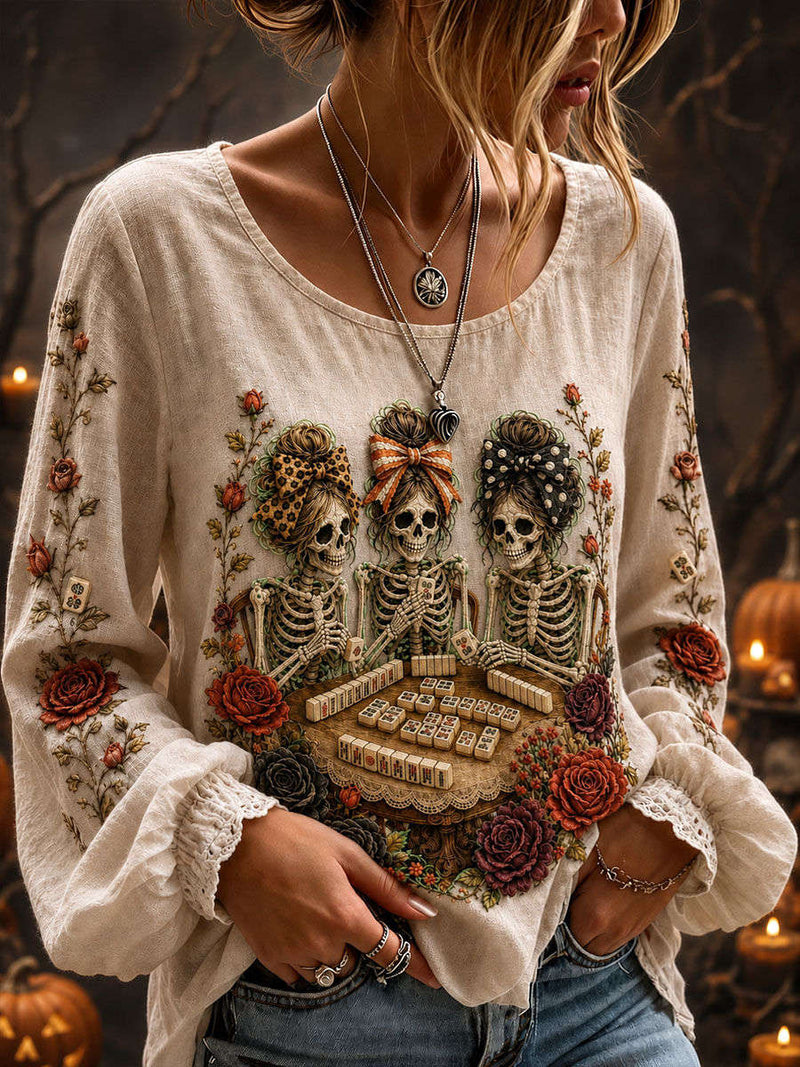 Women's Halloween Off White Skeleton Mahjong Floral Print Round Neck Long Sleeve Blouse