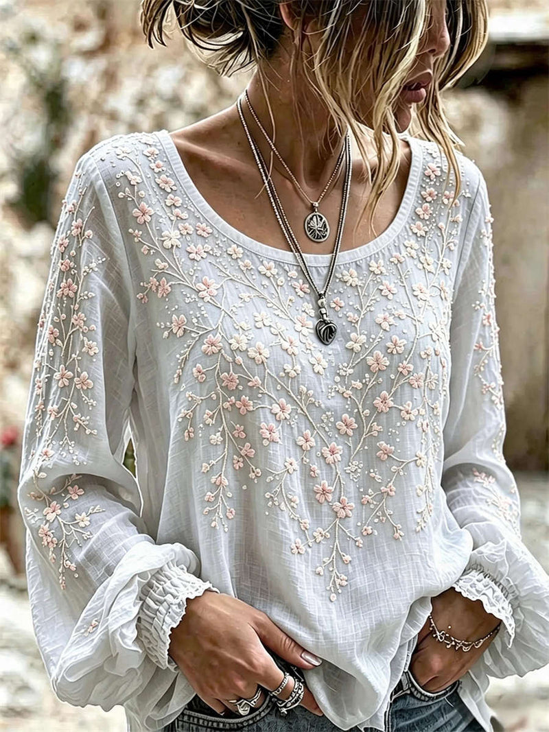 Women's White Floral Print Round Neck Long Sleeve Blouse