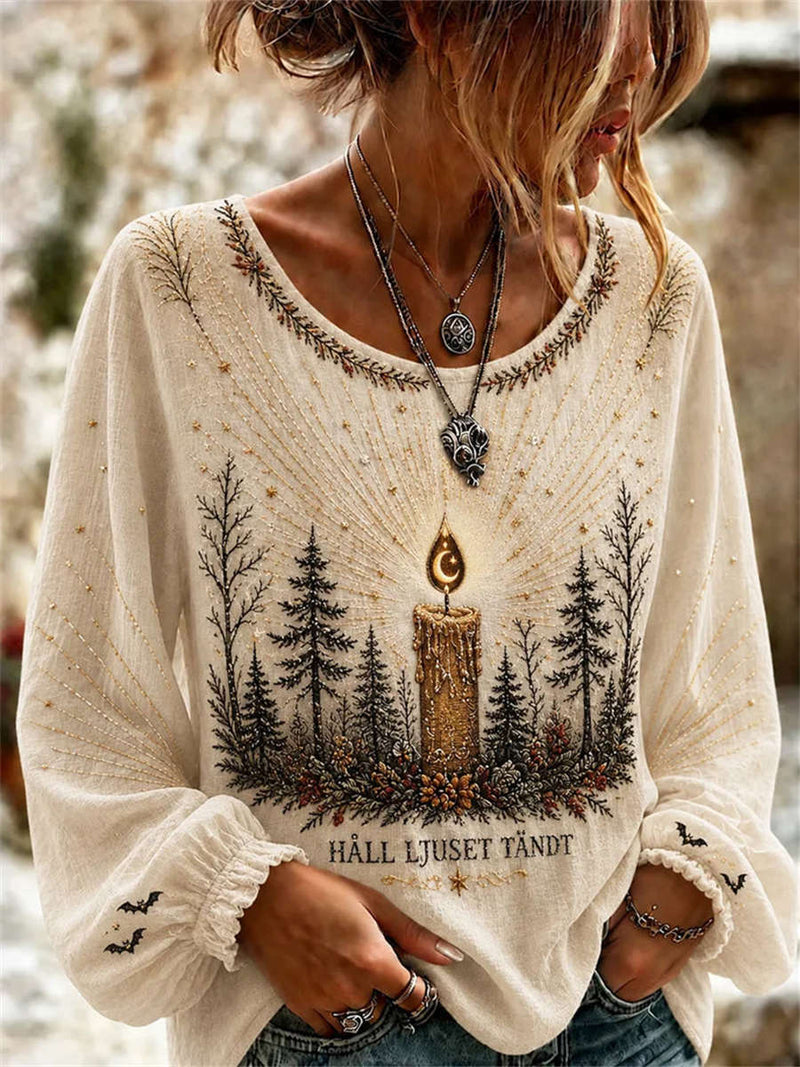 Women's Halloween Off White Candle Tree Bat Print Round Neck Long Sleeve Blouse