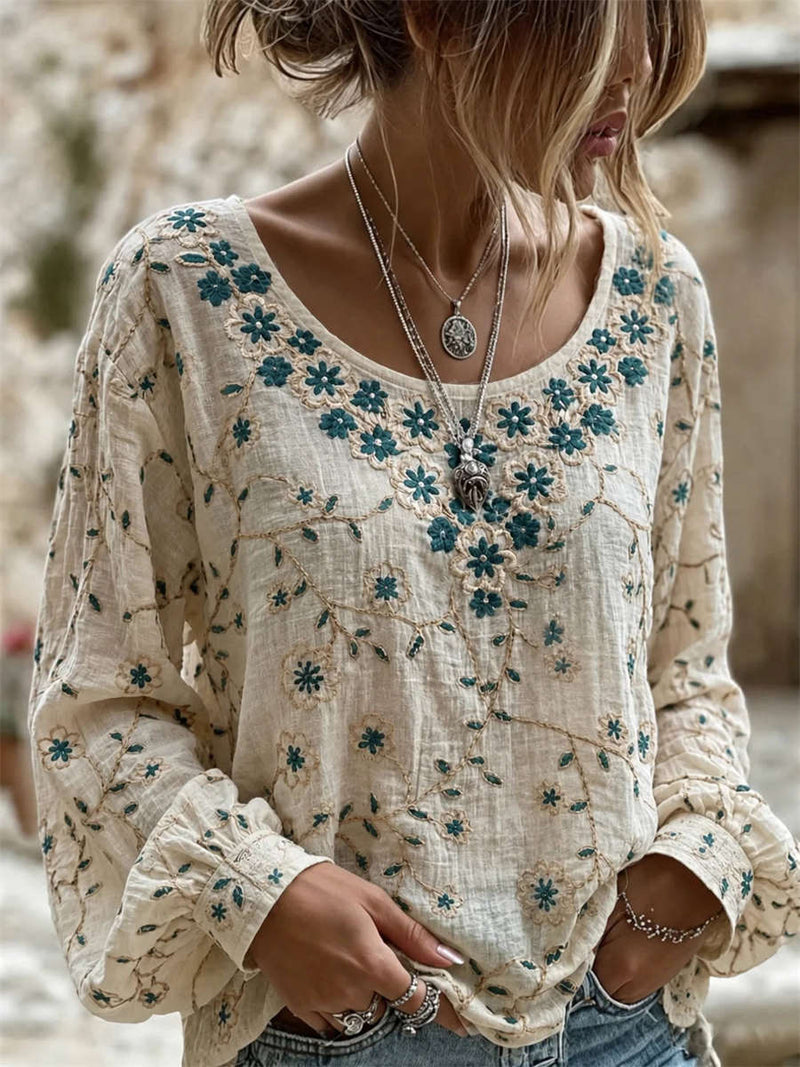 Women's Beige Floral Print Round Neck Long Sleeve Blouse