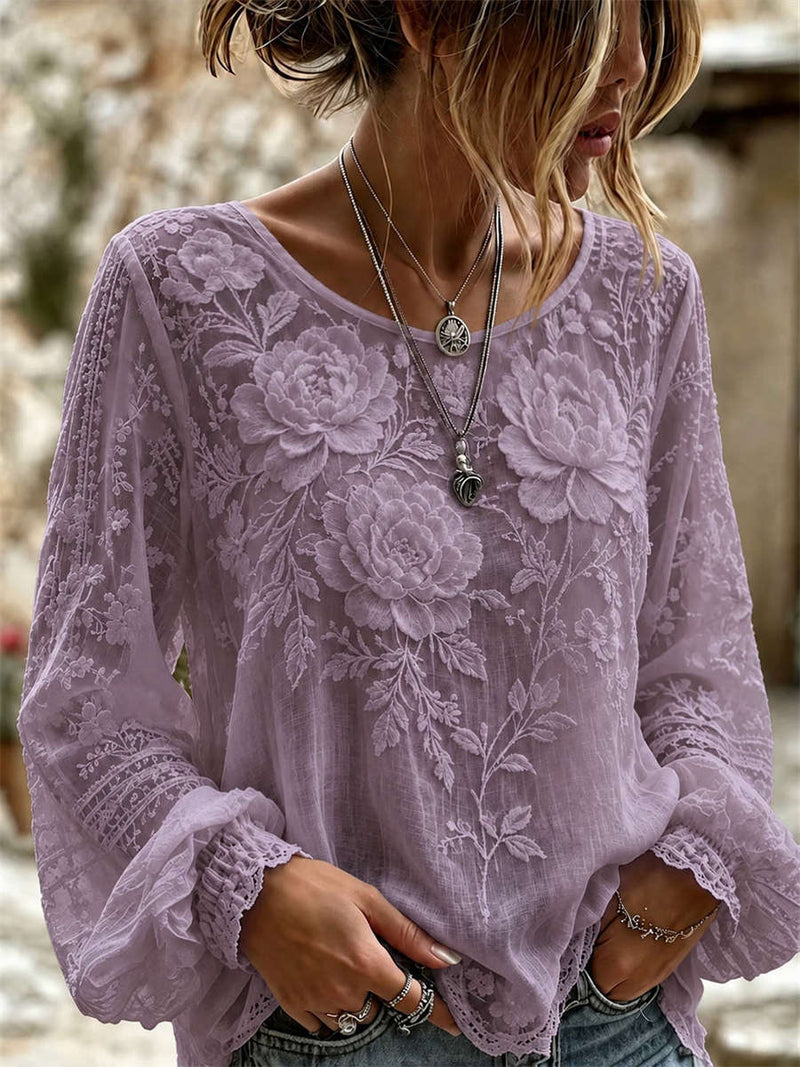 Women's Purple Floral Lace Round Neck Long Sleeve Blouse