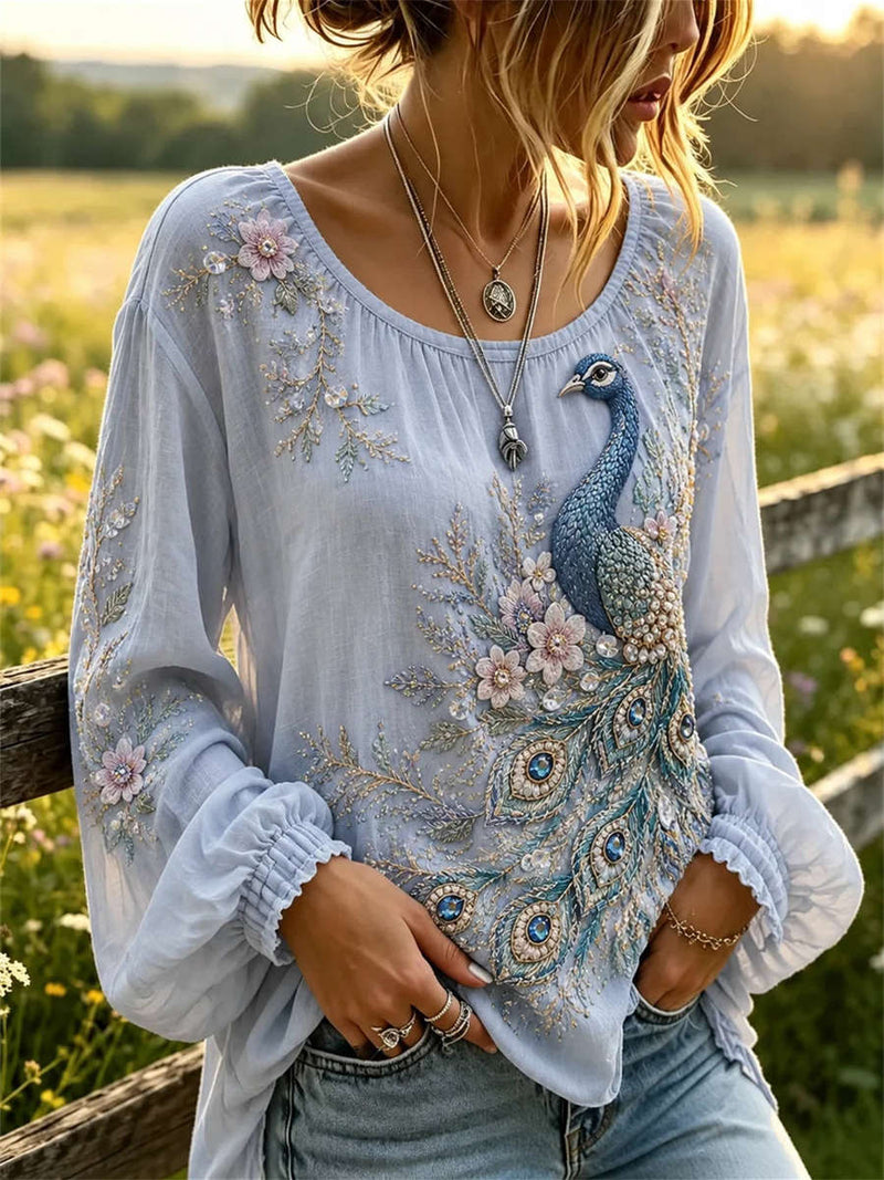 Women's Light Blue Peacock Floral Print Round Neck Long Sleeve Blouse