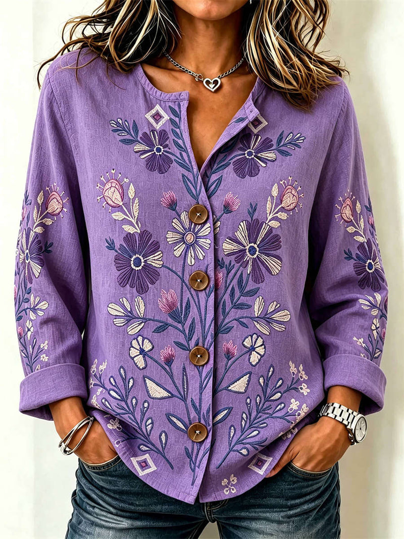 Women's Purple Floral Print Notch Neck Long Sleeve Blouse