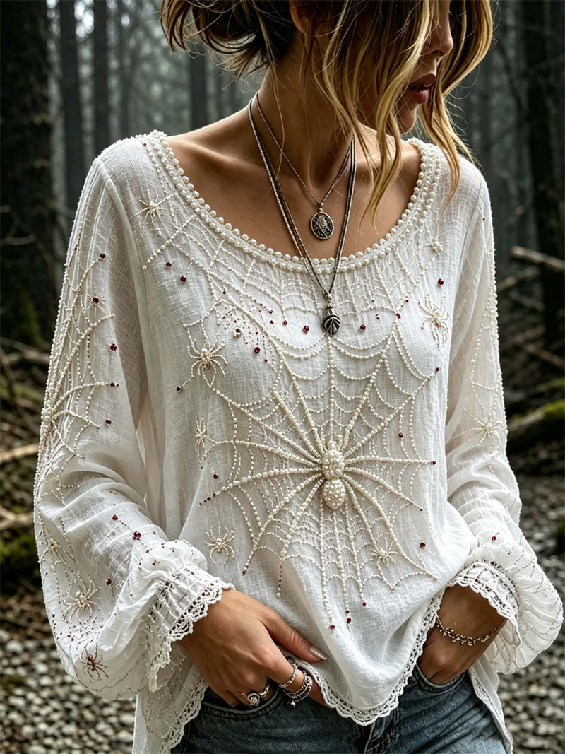 Women's Halloween White Spider Web Print Round Neck Long Sleeve Blouse