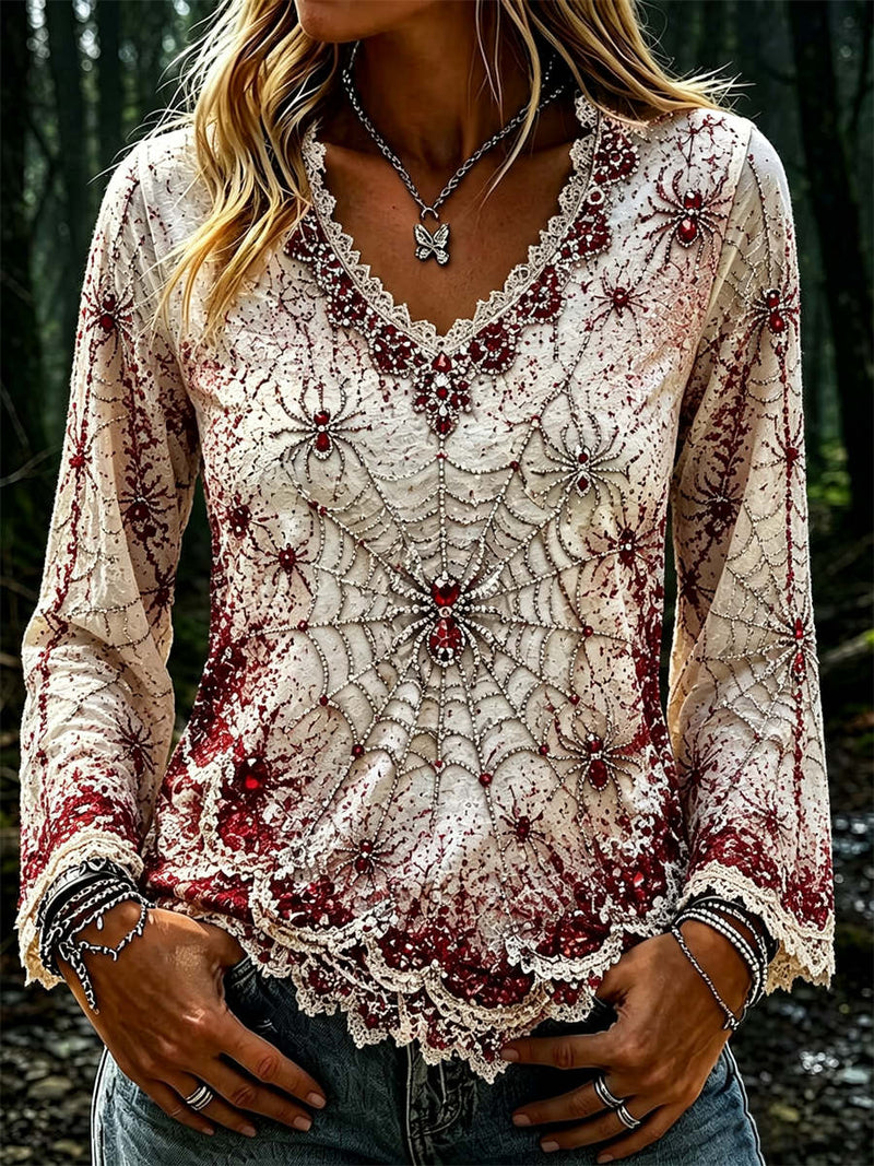 Women's Halloween White Red Spider Web Print V Neck Long Sleeve Blouse