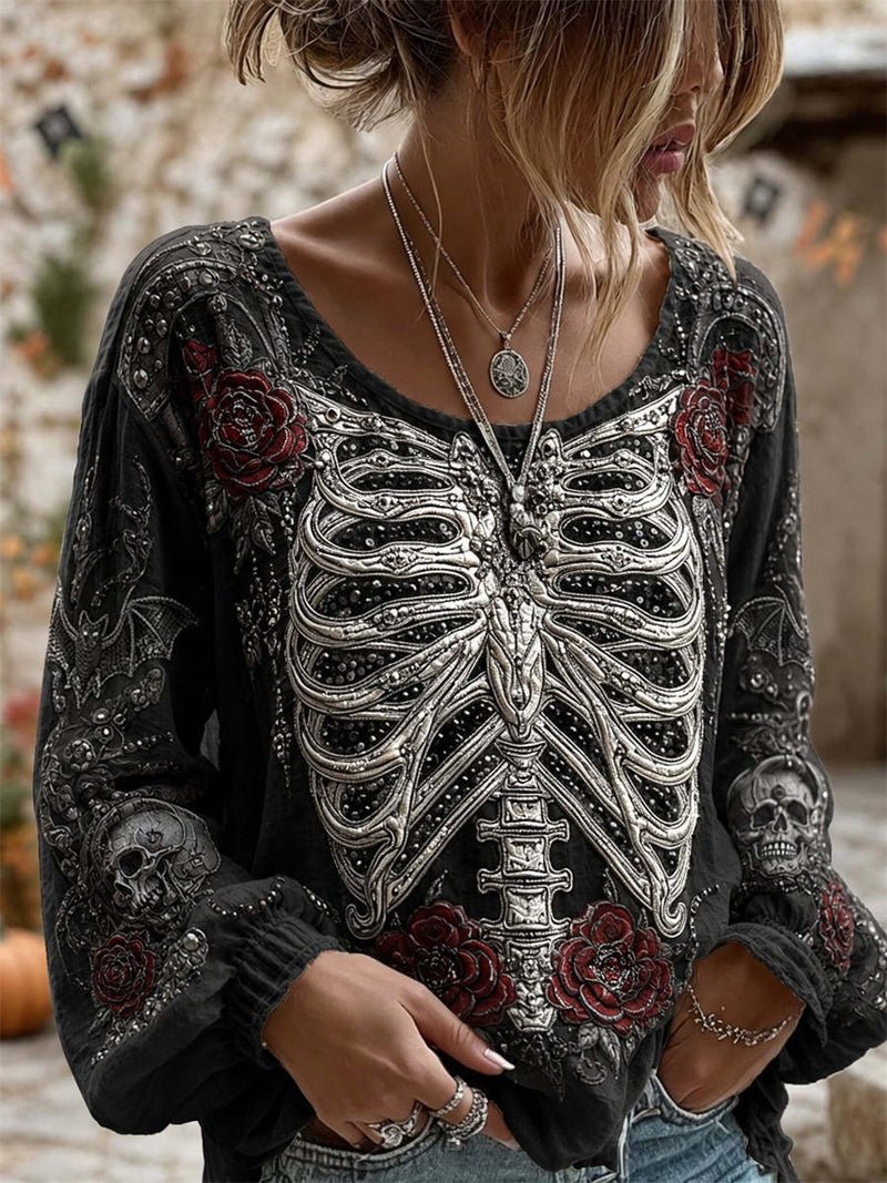 Women's Halloween Black Skeleton Rose Skull Print Round Neck Long Sleeve Blouse