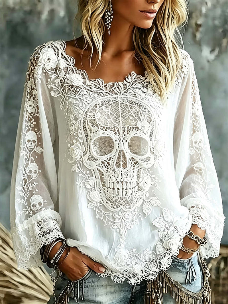 Women's Halloween White Skull Floral Lace Print Round Neck Long Sleeve Blouse