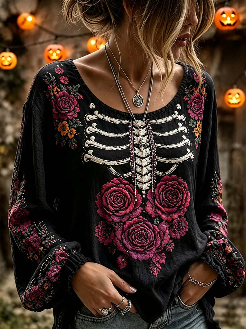 Women's Halloween Black Skeleton Rose Floral Print Round Neck Long Sleeve Blouse