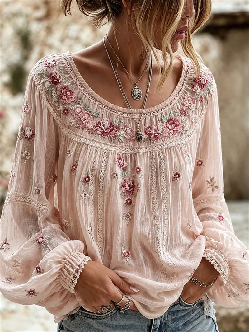 Women's Light Pink Floral Print Scoop Neck Long Sleeve Blouse