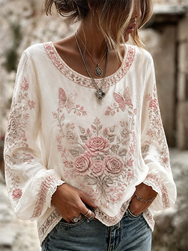 Women's Off White Butterfly Rose Print Round Neck Long Sleeve Blouse