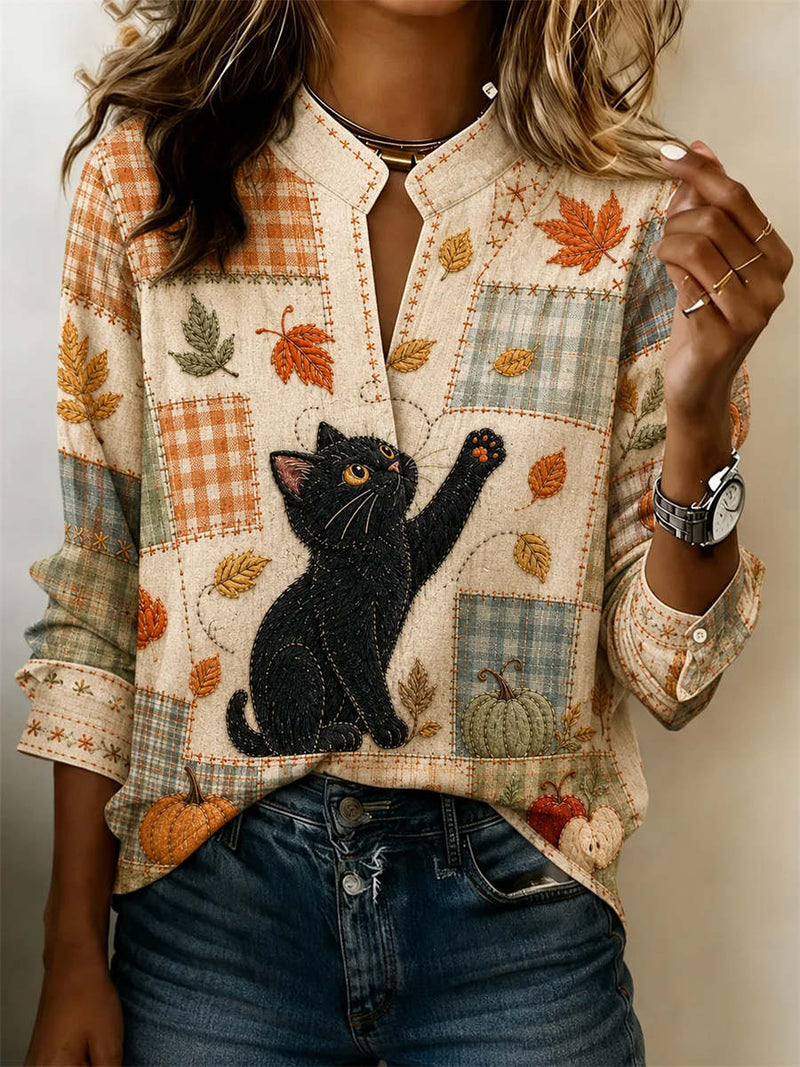 Women's Halloween Beige Black Cat Pumpkin Plaid Patchwork Print Stand Collar Long Sleeve Blouse