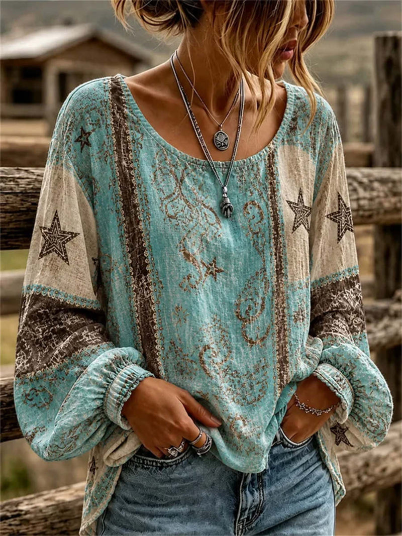 Women's Turquoise Vintage Star Paisley Print Scoop Neck Long Sleeve Blouse