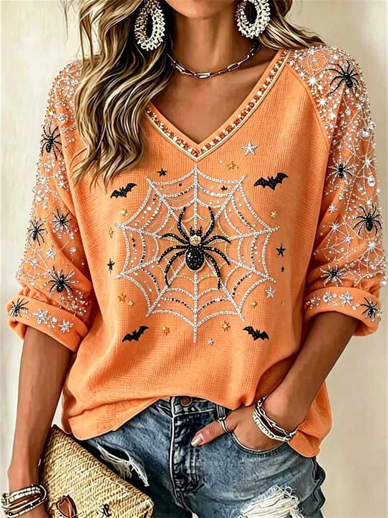 Women's Halloween Orange Spider Web Bat Print V Neck 3/4 Sleeve Blouse