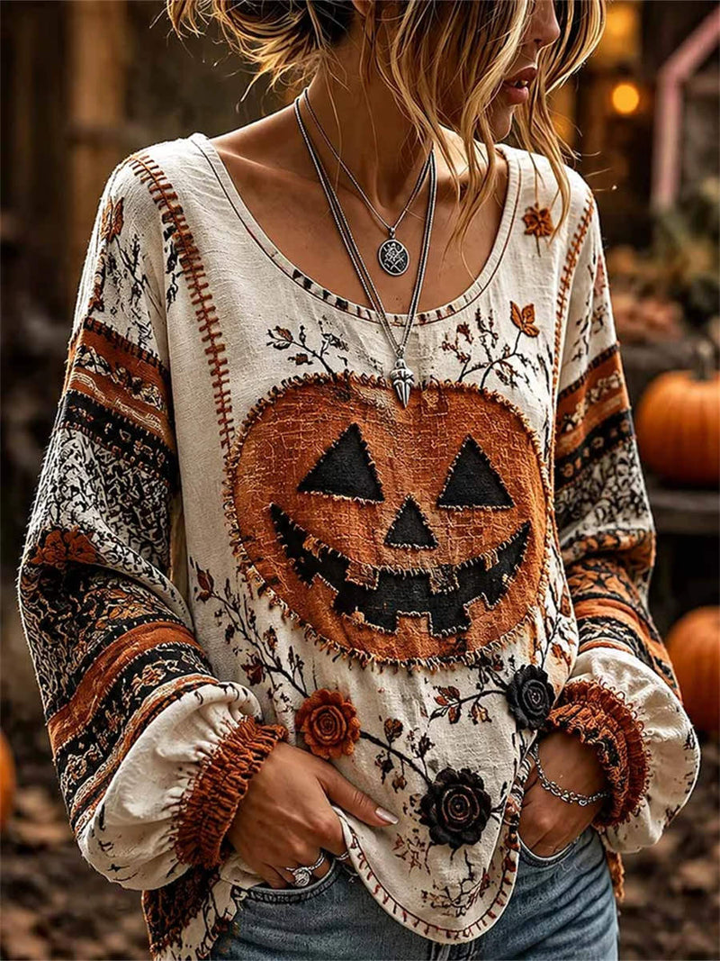 Women's Halloween Off White Pumpkin Face Floral Print Scoop Neck Long Sleeve Blouse