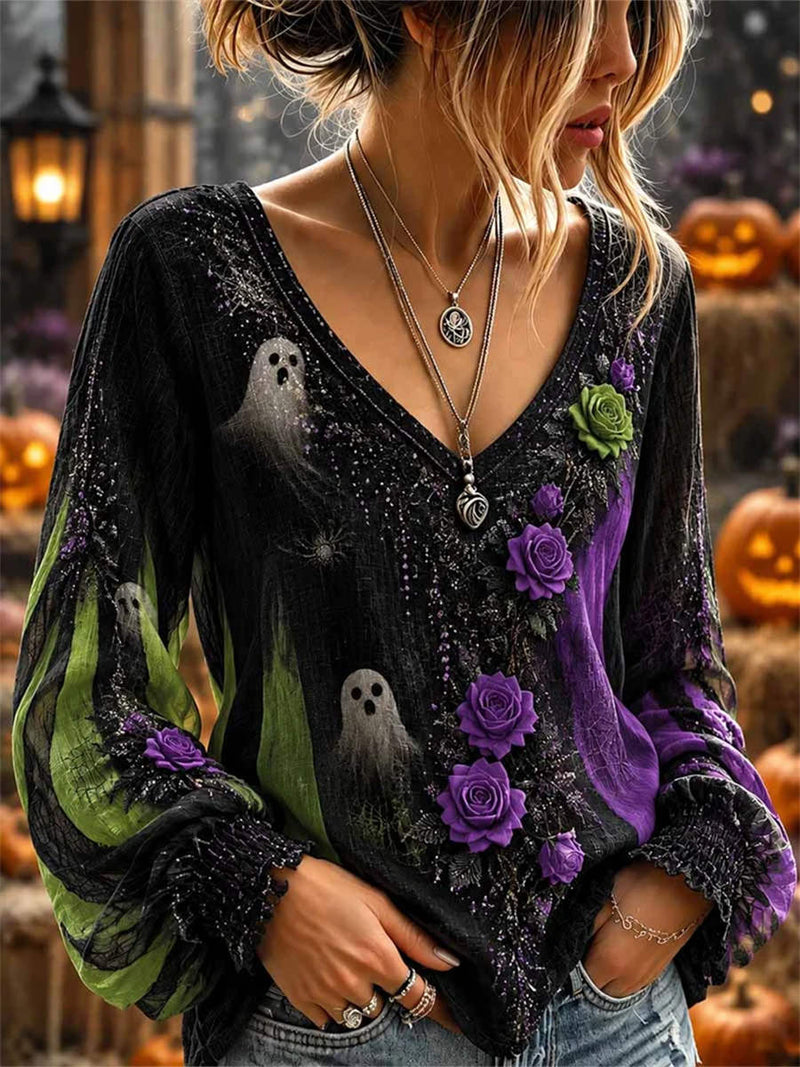 Women's Halloween Black Purple Ghost Rose Print V Neck Long Sleeve Blouse