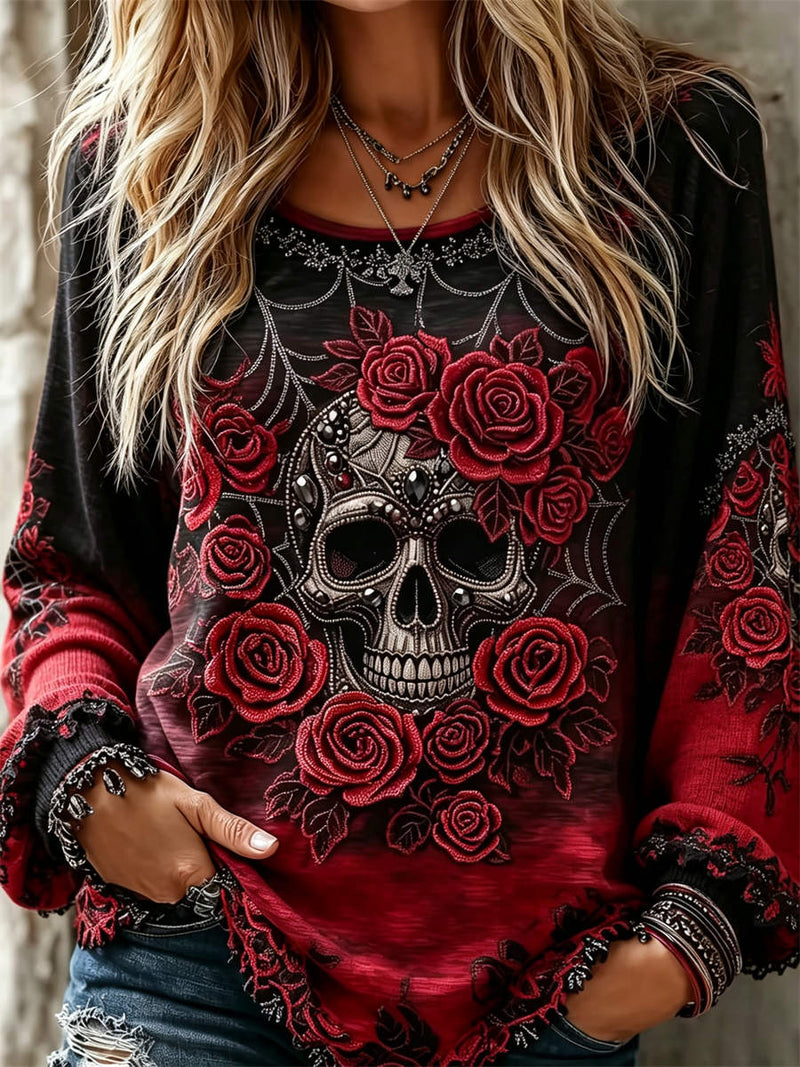 Women's Halloween Red Black Skull Rose Print Round Neck Long Sleeve Blouse
