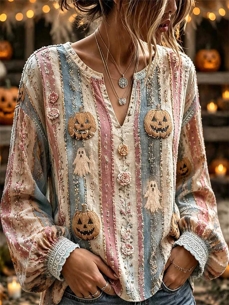 Women's Halloween Multi Stripe Pumpkin Ghost Floral Print Notch V Neck Long Sleeve Blouse