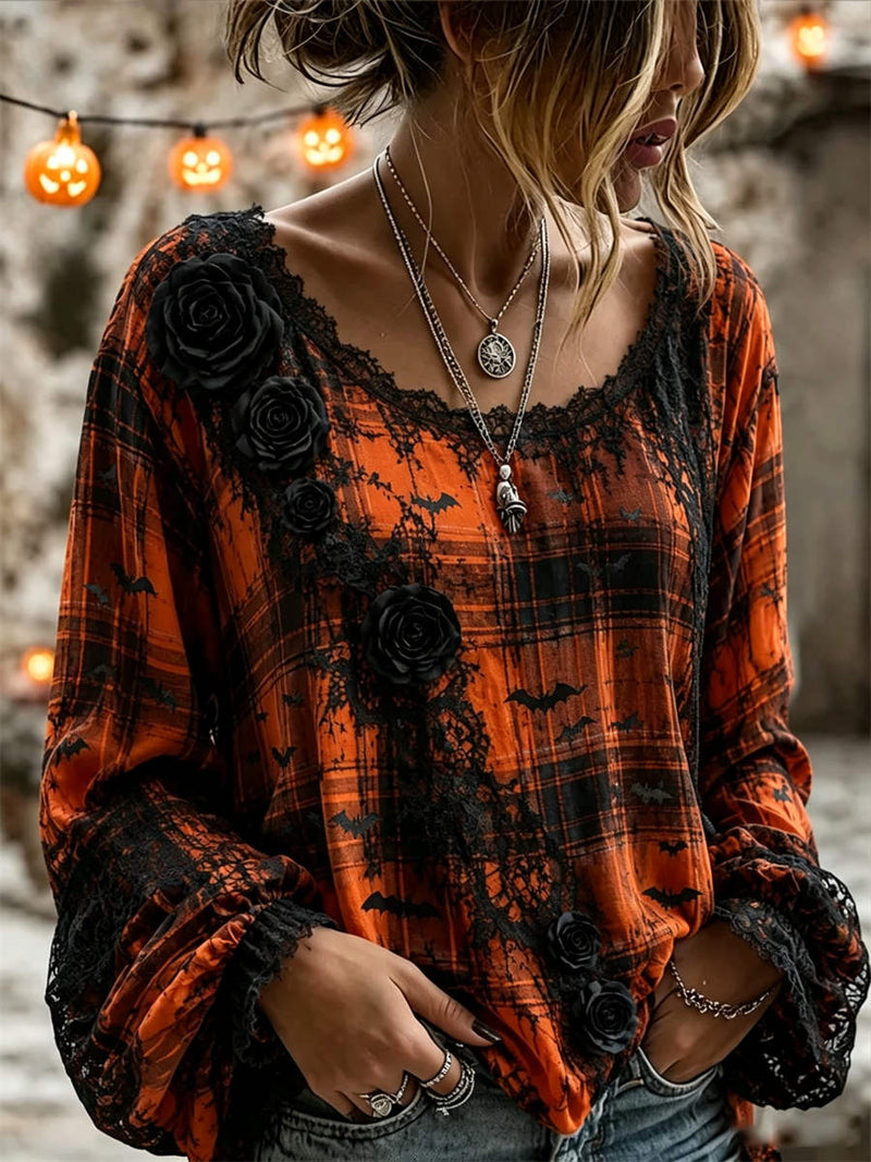 Women's Halloween Orange Black Plaid Rose Bat Print Lace Scoop Neck Long Sleeve Blouse