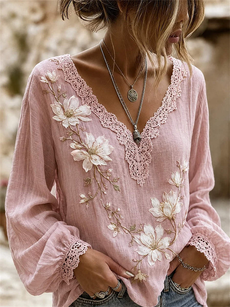 Women's Pink Floral Print Lace Trim V Neck Long Sleeve Blouse