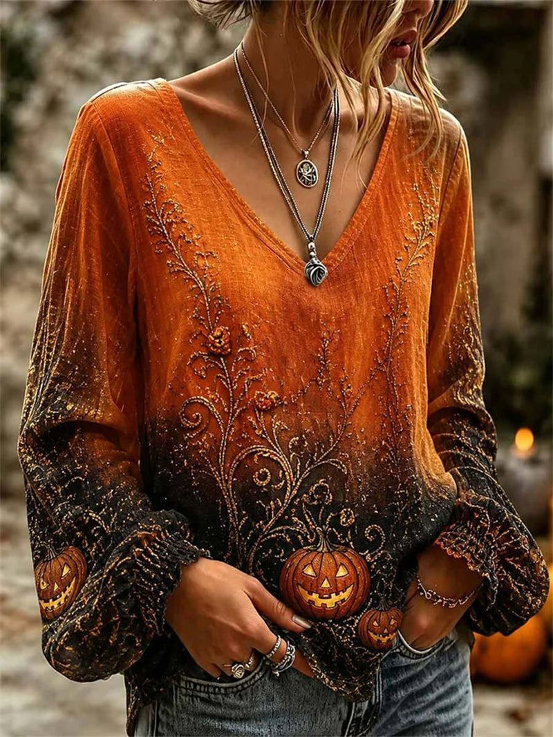 Women's Halloween Orange Black Gradient Pumpkin Floral Print V Neck Long Sleeve Blouse