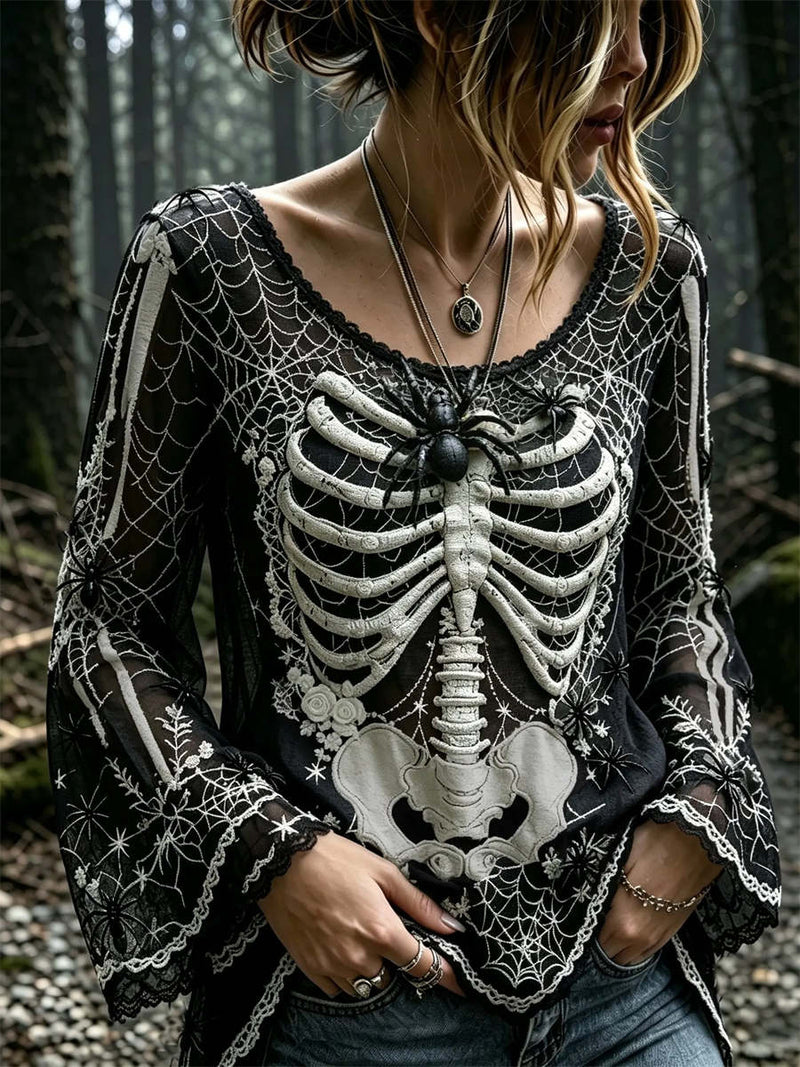Women's Halloween Black White Skeleton Spider Web Floral Print Scoop Neck Long Sleeve Blouse